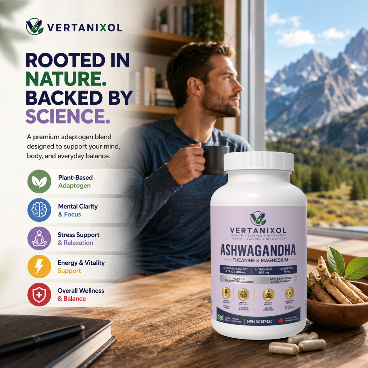 Ashwagandha 200 mg + L-Theanine 200 mg + Magnesium 75 mg - Stress and Relaxation Support - 120 Vegan Capsules