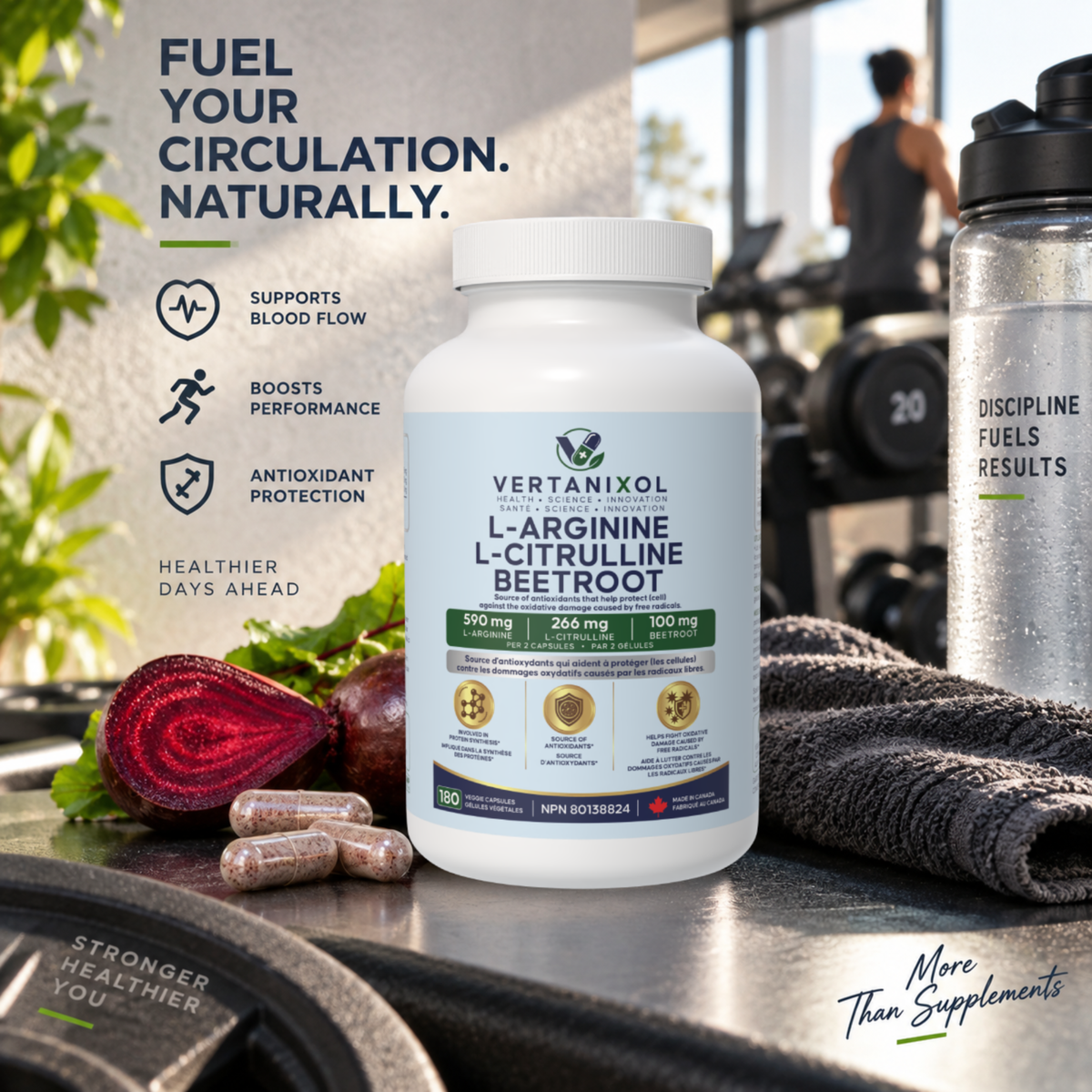 3-in-1 Nitric Oxide Complex L-Arginine + L-Citrulline + Beetroot Complex – 590 mg L-Arginine + 266 mg L-Citrulline + 100 mg Beetroot per 2 Capsules – Source of Antioxidants – 180 Vegan Capsules – Made in Canada