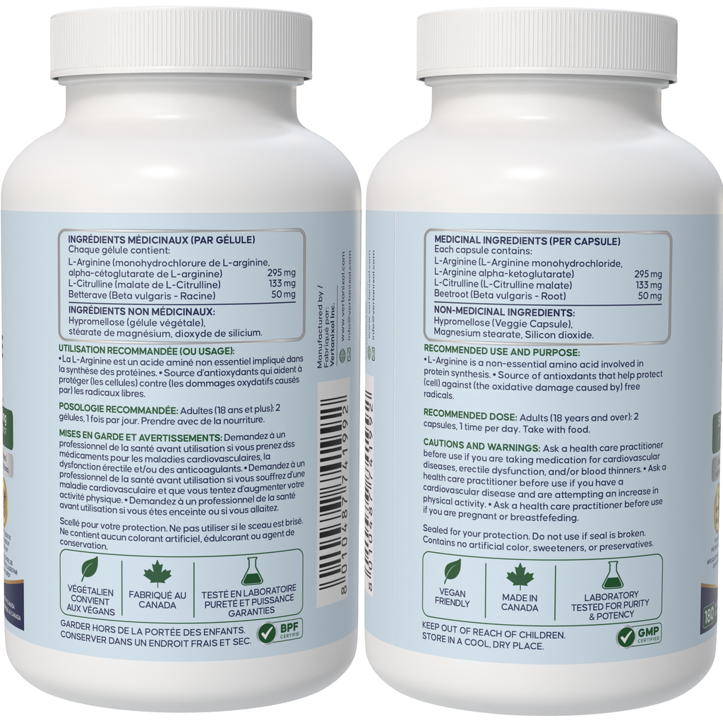 3-in-1 Nitric Oxide Complex L-Arginine + L-Citrulline + Beetroot Complex – 590 mg L-Arginine + 266 mg L-Citrulline + 100 mg Beetroot per 2 Capsules – Source of Antioxidants – 180 Vegan Capsules – Made in Canada