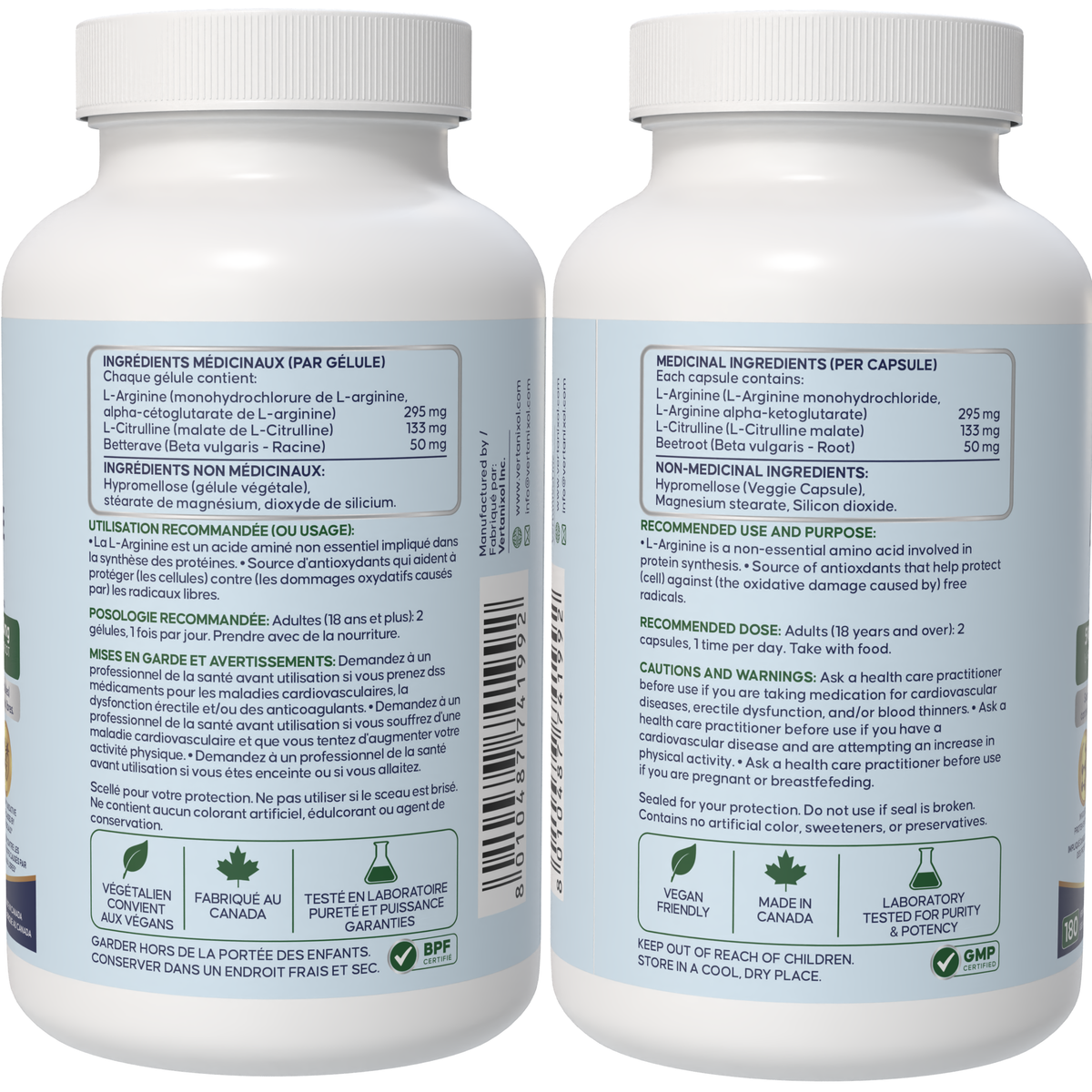 3-in-1 Nitric Oxide Complex L-Arginine + L-Citrulline + Beetroot Complex – 590 mg L-Arginine + 266 mg L-Citrulline + 100 mg Beetroot per 2 Capsules – Source of Antioxidants – 180 Vegan Capsules – Made in Canada