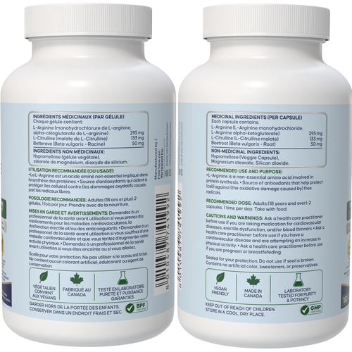 3-in-1 Nitric Oxide Complex L-Arginine + L-Citrulline + Beetroot Complex – 590 mg L-Arginine + 266 mg L-Citrulline + 100 mg Beetroot per 2 Capsules – Source of Antioxidants – 180 Vegan Capsules – Made in Canada