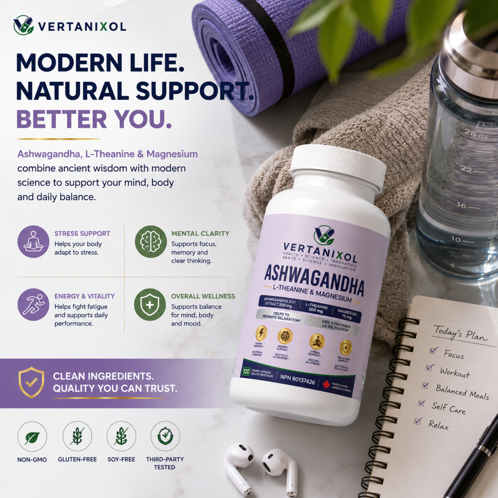 Ashwagandha 200 mg + L-Theanine 200 mg + Magnesium 75 mg - Stress and Relaxation Support - 120 Vegan Capsules