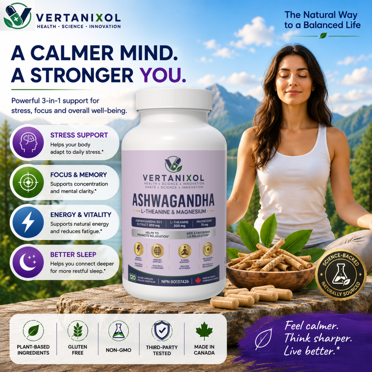Ashwagandha 200 mg + L-Theanine 200 mg + Magnesium 75 mg - Stress and Relaxation Support - 120 Vegan Capsules