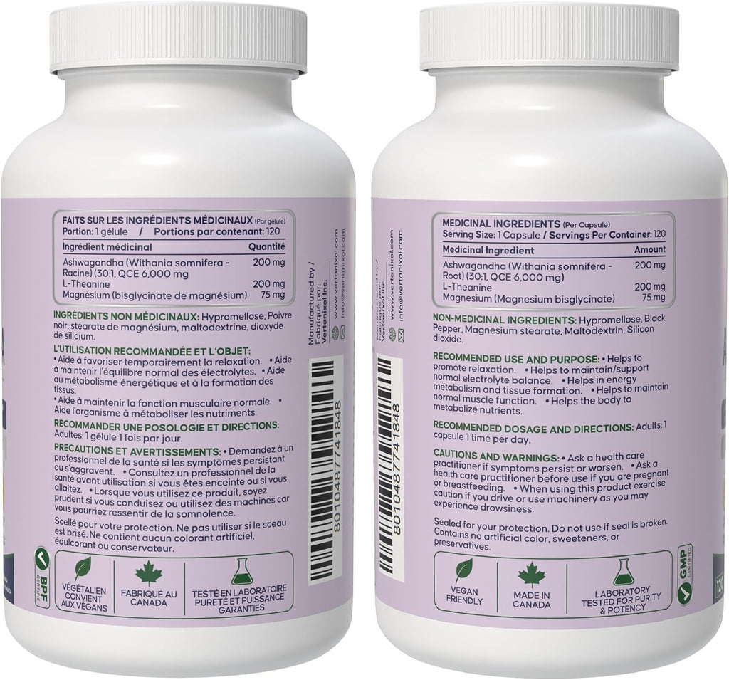Ashwagandha 200 mg + L-Theanine 200 mg + Magnesium 75 mg - Stress and Relaxation Support - 120 Vegan Capsules