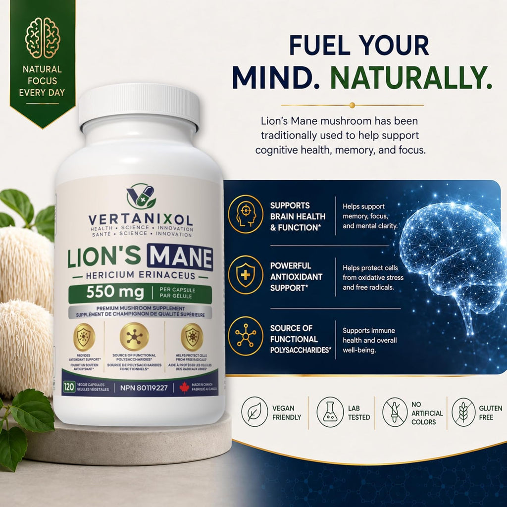 Lion’s Mane Mushroom Extract 550 mg - 10:1 Fruiting Body Extract, 40% Polysaccharides,120 Vegan Capsules 550 mg