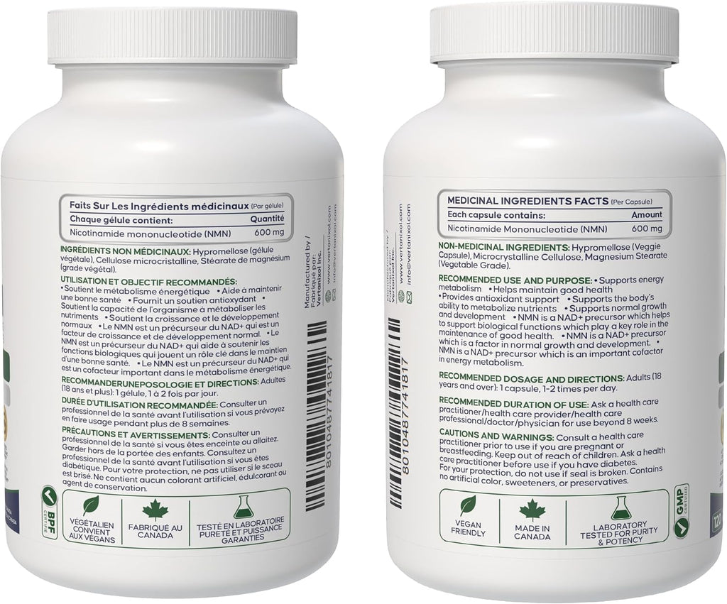 NMN-Nicotinamide Mononucleotide-Cellular Energy & NAD Support-120 Vegan Capsules 600 mg
