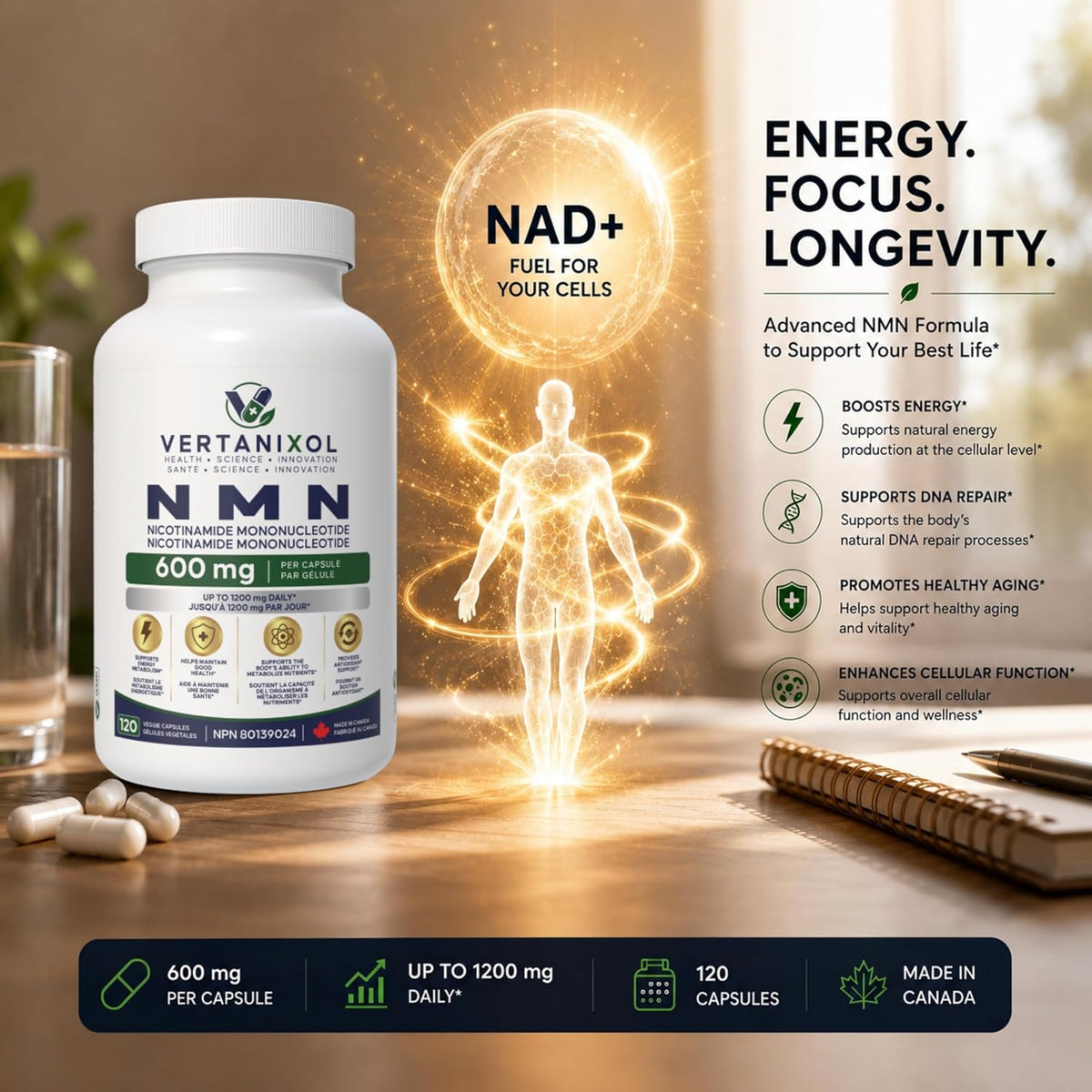 NMN-Nicotinamide Mononucleotide-Cellular Energy & NAD Support-120 Vegan Capsules 600 mg