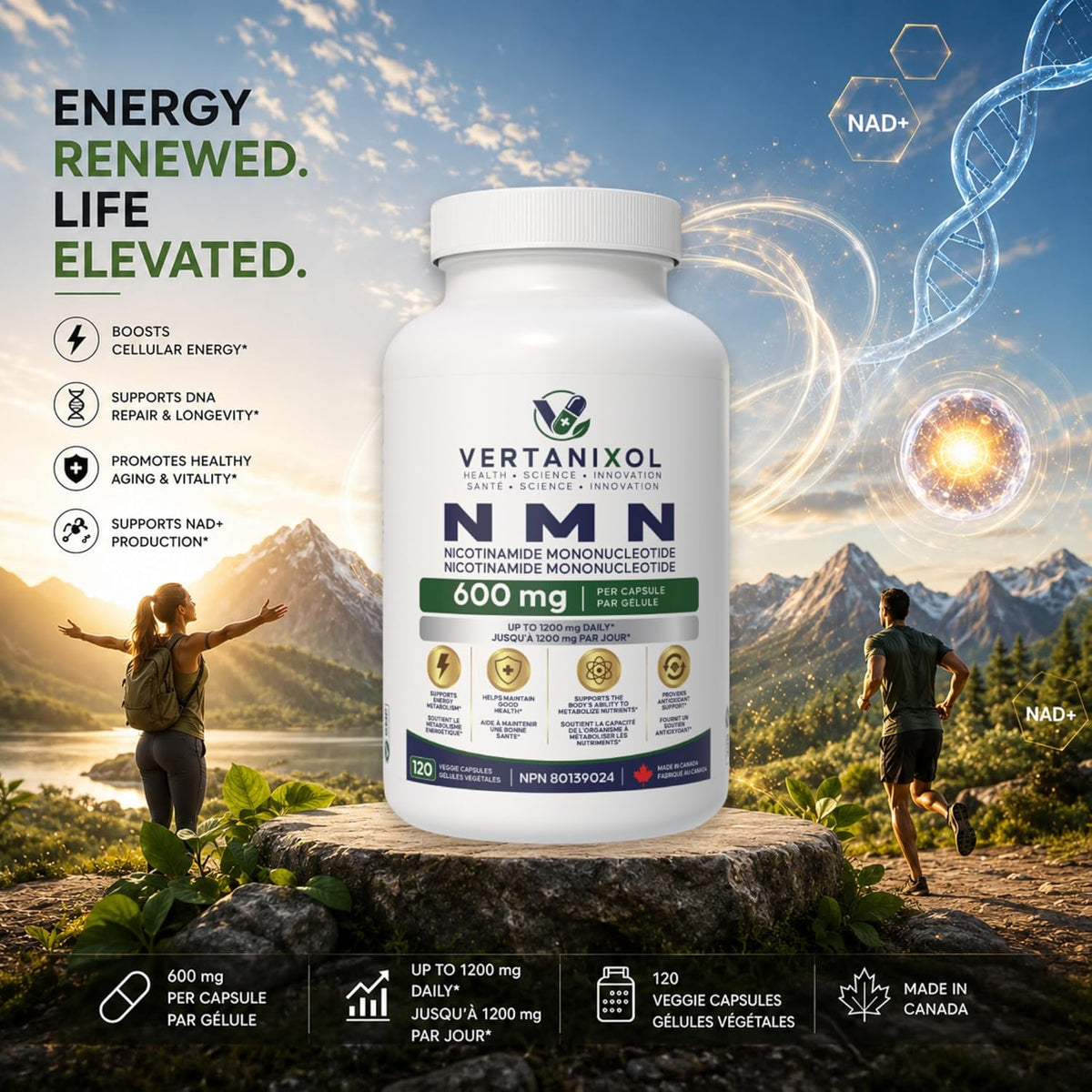 NMN-Nicotinamide Mononucleotide-Cellular Energy & NAD Support-120 Vegan Capsules 600 mg