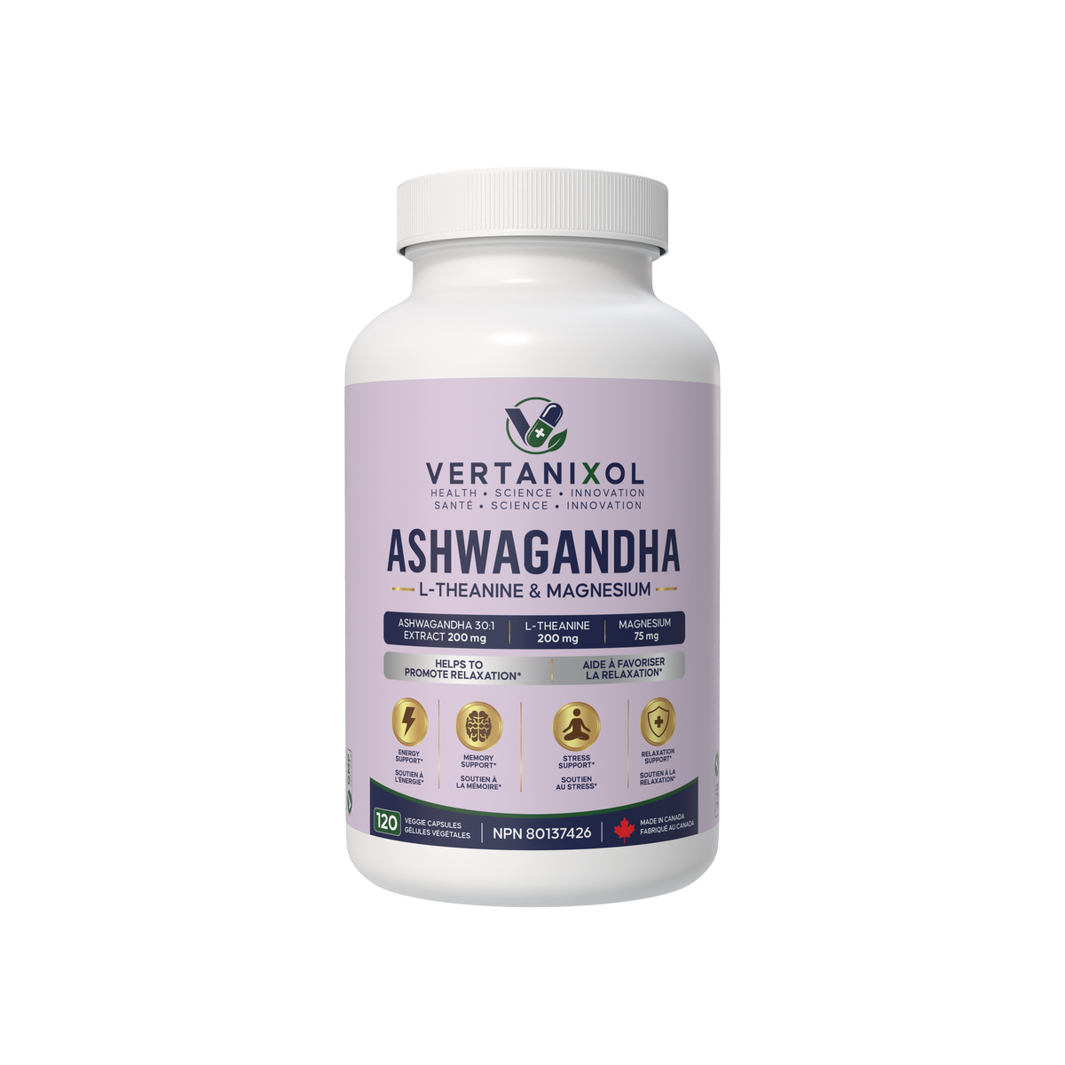 Ashwagandha 200 mg + L-Theanine 200 mg + Magnesium 75 mg - Stress and Relaxation Support - 120 Vegan Capsules
