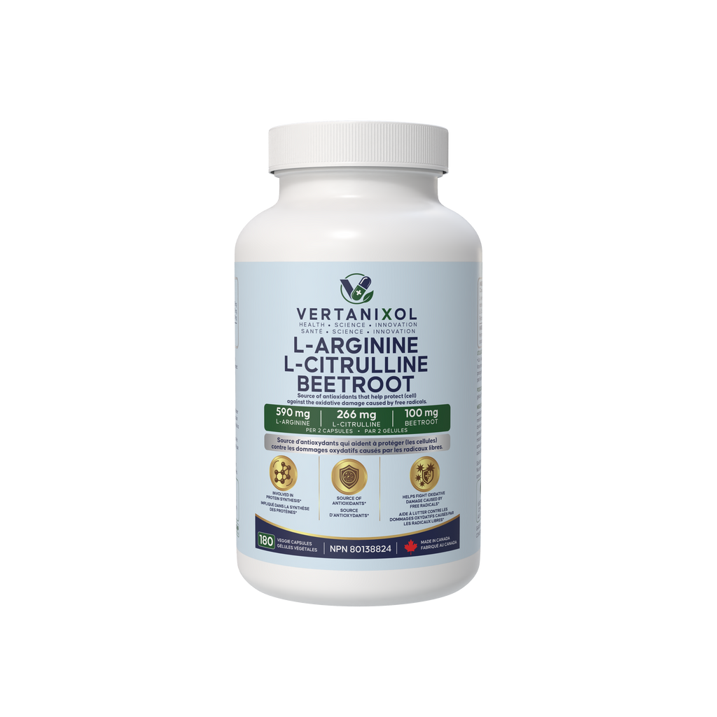 3-in-1 Nitric Oxide Complex L-Arginine + L-Citrulline + Beetroot Complex – 590 mg L-Arginine + 266 mg L-Citrulline + 100 mg Beetroot per 2 Capsules – Source of Antioxidants – 180 Vegan Capsules – Made in Canada
