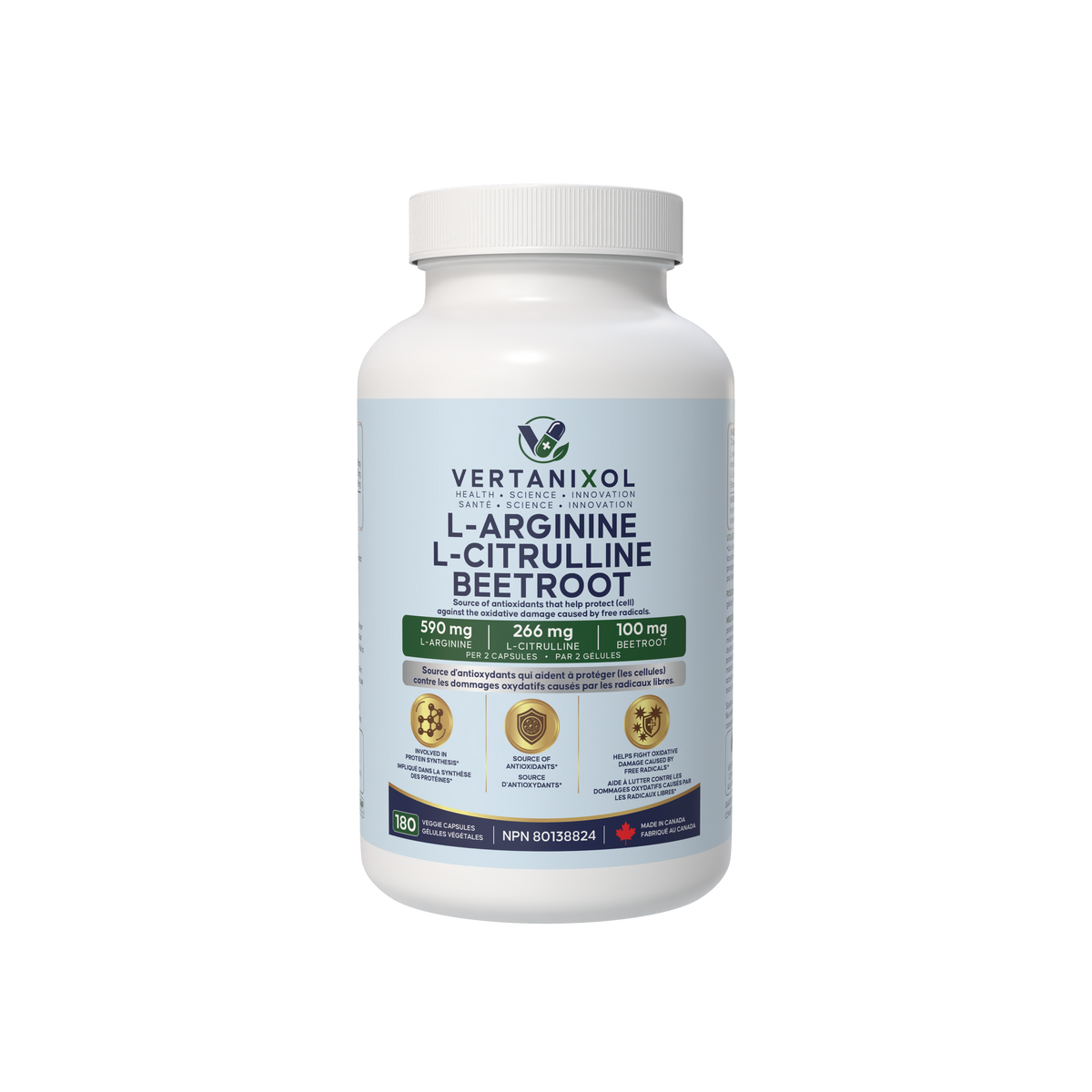 3-in-1 Nitric Oxide Complex L-Arginine + L-Citrulline + Beetroot Complex – 590 mg L-Arginine + 266 mg L-Citrulline + 100 mg Beetroot per 2 Capsules – Source of Antioxidants – 180 Vegan Capsules – Made in Canada